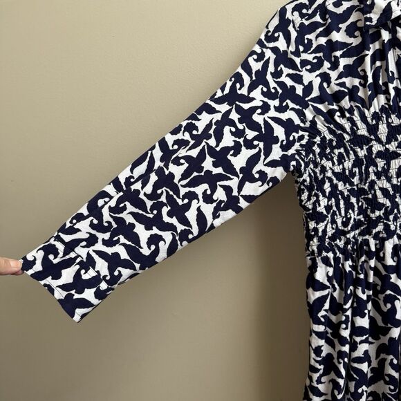 Anthropologie Maeve Alexa Bird Print Linen Blend Smocked Tunic Top Size Small - Picture 4 of 7